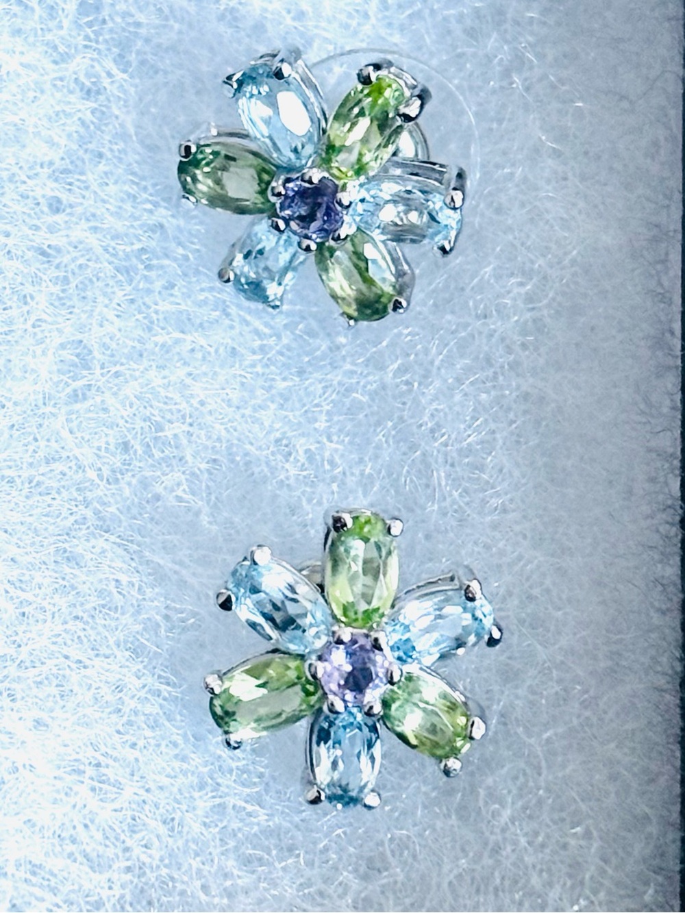 Vintage Sterling Silver Floral Stud Earrings with Blue and Green Gemstones
